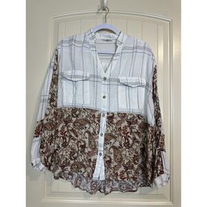 Gimmicks Women's Oversized button up long sleeve multi fabric shirt sz M boho